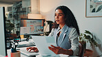 Business, typing and woman with document, online reading and feedback for article. Person, journalist and editor in modern office, research for magazine and internet with proposal and report
