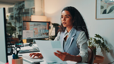 Buy stock photo Business, typing and woman with document, online reading and feedback for article. Person, journalist and editor in modern office, research for magazine and internet with proposal and report