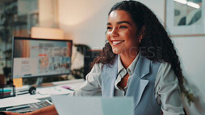 Buy stock photo Business, smile and woman with document, online reading and email with feedback. Creativity, journalist and editor in modern office, research for article and internet with proposal, pride and report