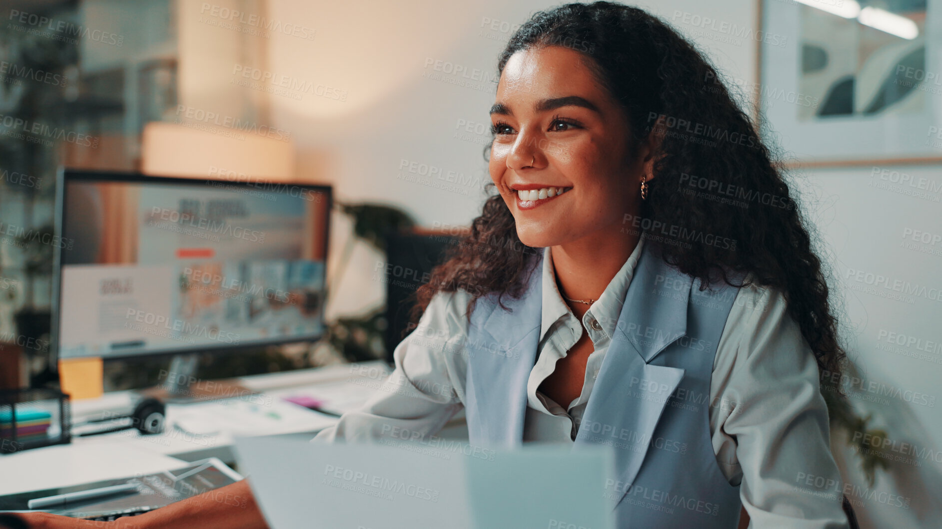Buy stock photo Business, smile and woman with document, online reading and email with feedback. Creativity, journalist and editor in modern office, research for article and internet with proposal, pride and report