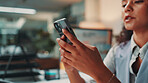 Woman, phone and hands in office for project, admin and review for social media proposal. Person, reading and typing for research, planning and feedback for perspective at creative agency management