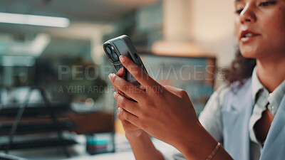 Buy stock photo Woman, phone and hands in office for project, email and review for social media proposal. Person, reading and typing for research, planning and feedback or communication at creative agency management