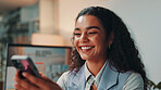 Woman, phone and reading in office for project, admin and review for social media proposal. Person, smile and happy for research, planning and feedback for perspective at creative agency management
