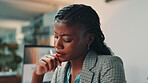 Night, thinking and woman in office, serious and journalist with ideas for article or working late. Business, reporter and black person with pen for notes, contemplating or plan for story in newsroom