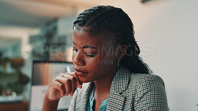 Buy stock photo Night, thinking and woman in office, serious and journalist with ideas for article or working late. Business, reporter and black person with pen for notes, contemplating or plan for story in newsroom