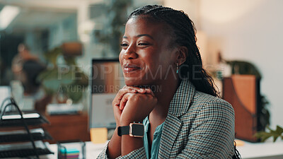 Buy stock photo Night, thinking and woman in office, happy and journalist with inspiration for article and working late. Business, reporter and black person with smile for story, ideas and planning for newsroom
