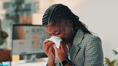 Buy stock photo Sick, black woman and blowing nose with tissue at office for flu, cold or illness at night. Female person, employee or designer with influenza, sinus or allergy for symptoms or sneeze at workplace