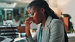 Business, woman and headache of eye strain at desk for article pressure, burnout and news publication deadline. Black person, journalist and migraine in office for wrong glasses prescription or tired