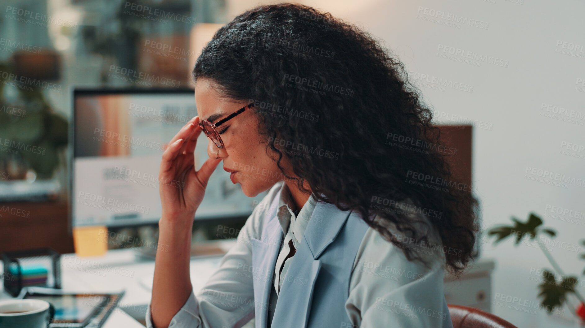Buy stock photo Business, woman and glasses with eye strain in office for publication deadline, article pressure or headache. Media agency, journalist or migraine for difficult story, brain fog or wrong prescription