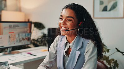 Buy stock photo Customer support, happy and business woman on computer for virtual meeting, talking and interview. Media agency, publisher and person with headset for discussion for report, portfolio and webinar
