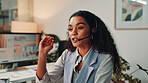 Video call, office and business woman on computer for virtual meeting, talking and interview. Media agency, creative worker and person with headset for discussion, consultation and customer service