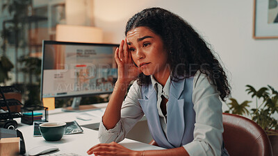 Buy stock photo Business, woman and headache of reading in office for editor feedback, article pressure and publication deadline. Media agency, journalist and migraine for story proofreading, stress and overwhelmed