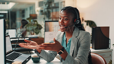 Buy stock photo Video call, office and business African woman on computer for virtual meeting, talking or interview. Creative agency, webinar and person with headset for discussion, consultation and customer service