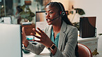 Video call, business and black woman on computer in office for virtual meeting, talking or interview. Creative agency, webinar and person with headset for discussion, contact and customer service