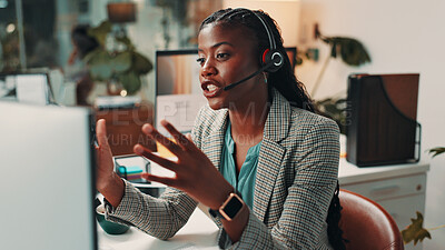 Buy stock photo Video call, business and black woman on computer in office for virtual meeting, talking or interview. Creative agency, webinar and person with headset for discussion, contact and customer service