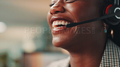 Buy stock photo Mouth, laughing or woman in call center with headset for joke, contact support or business consulting. PA, secretary and assistant with mic closeup, funny humor or communication for booking schedule
