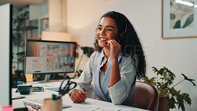 Buy stock photo Talking, receptionist or woman in call center with headset for appointment, contact support or business consulting. PA, secretary and assistant with mic, help or communication for booking schedule
