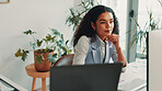 Business, thinking and woman in office, computer and economy analysis with email notifications. Person, employee or financial advisor in workplace, pc or research for stock market, choice or internet