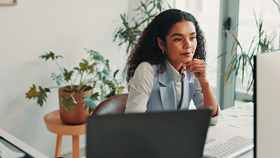 Buy stock photo Business, thinking and woman in office, computer and economy analysis with email notifications. Person, employee or financial advisor in workplace, PC or research for stock market, choice or internet