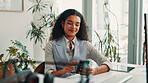 Business woman, phone and reading in office for project, admin and review for proposal. Person, technology and tablet for research, planning or feedback for perspective for creative agency management