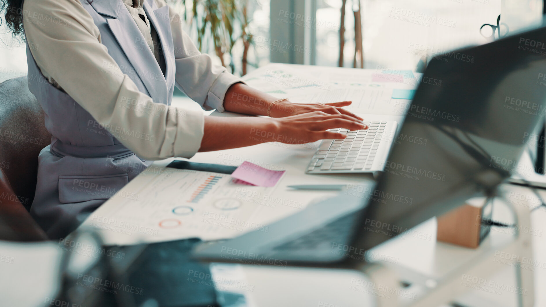 Buy stock photo Hands, receptionist or woman typing on computer for office appointment, schedule or graphs. Charts, secretary and assistant in business with technology, keyboard or communication for calendar booking