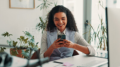 Buy stock photo Business, smile and woman in office, smartphone and social media with communication. Happy person, employee or consultant in workplace, mobile user or cellphone with digital app or message to contact