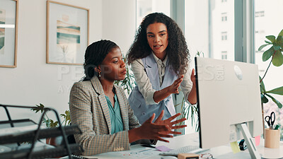 Buy stock photo Help, business people and women in office, computer or support with conversation, publishing or advice. Cooperation, coaching or mentor in workplace, editing or female empowerment with article layout