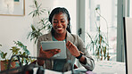 Tablet, happy and black woman in office with research for business budget planning with company. Digital technology, career and African female financial manager with email for dividend report.