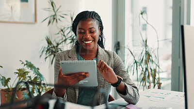 Buy stock photo Tablet, happy and black woman in office with research for business budget planning with charts. Digital technology, career and African female financial manager with email for dividend graph report.
