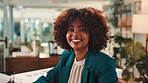 Business woman, portrait and happy professional in office, brand consultant and creative worker. Face, smile and confident African employee, campaign specialist and pride for career growth in Kenya