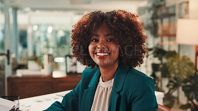 Buy stock photo Business woman, portrait and happy professional in office, brand consultant and creative worker. Face, smile and confident African employee, campaign specialist and pride for career growth in Kenya
