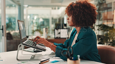 Buy stock photo Creative, woman or laptop for social media campaign, trends or ads design in office. Technology, night or content strategist in startup for online review or research in overtime as brand specialist