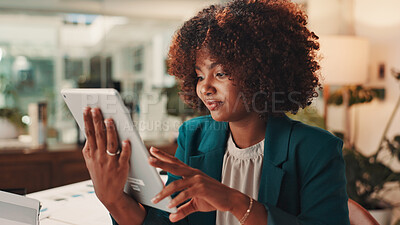 Buy stock photo Tablet, research and black woman in office with creative project, communication or report for KPI. Technology, reading and African brand manager monitoring online media campaign in workplace.