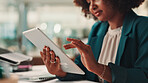 Tablet, scroll and black woman in office with research, communication or report for KPI. Digital technology, reading and African female brand manager monitoring online campaign in workplace.