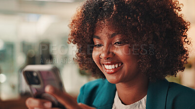 Buy stock photo Happy, phone and woman in office with contact, communication or social networking with chatting. Smile, connectivity and female journalist with internet search or texting on cellphone in workplace.