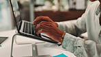 Business, hands or man in workplace, laptop or typing with research for sales growth. Closeup, person or employee for ad agency, keyboard or pc with internet, feedback for project or email for review