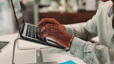 Buy stock photo Business, hands or man in workplace, laptop or typing with research for sales growth. Closeup, person or employee for ad agency, keyboard or pc with internet, feedback for project or email for review