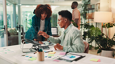 Buy stock photo Teamwork, discussion and business people in office, laptop and mentor with feedback, ad agency and assistance. Coaching, system training and employees in workplace, sales consultant and questions