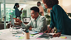 Teamwork, talking and business people in office, laptop and mentor with advice, ad agency and assistance. Coaching, online reading or employees in workplace, sales consultant or questions with help