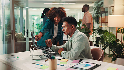 Buy stock photo Teamwork, advice and business people in workplace, laptop and mentor with ad agency, meeting and feedback. Coaching, system training or employees in office, sales consultant or questions with help