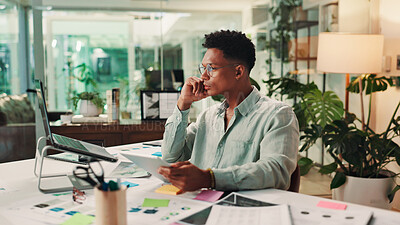 Buy stock photo Business, thinking and man in office, laptop or contemplation with online reading for sales stats. Person, employee or consultant in workplace, ad agency or tablet with decision, idea or email review