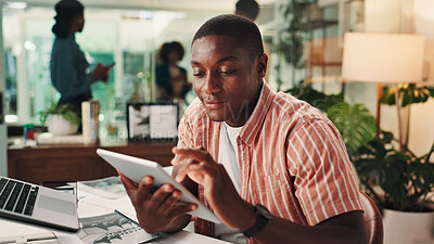 Buy stock photo Business, tablet and man in office, connection and digital app with ad agency, network or communication. Person, employee or sales consultant in workplace, tech or stats for profit growth or internet