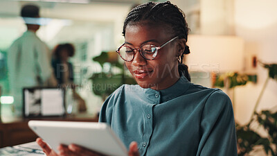 Buy stock photo Business, tablet and woman in office, internet or connection with ad agency, network and communication. Person, employee and sales consultant in workplace, tech and research for company growth or app