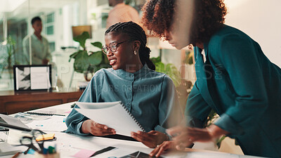 Buy stock photo Cooperation, business people and women in office, documents and feedback for sales report. Employees, conversation and manager in workplace, help and review for proposal, questions and discussion