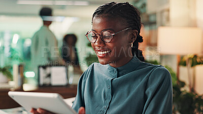 Buy stock photo Tablet, happy and black woman in office with research, communication or report for KPI. Digital technology, reading and African female brand manager monitoring online creative campaign in workplace.