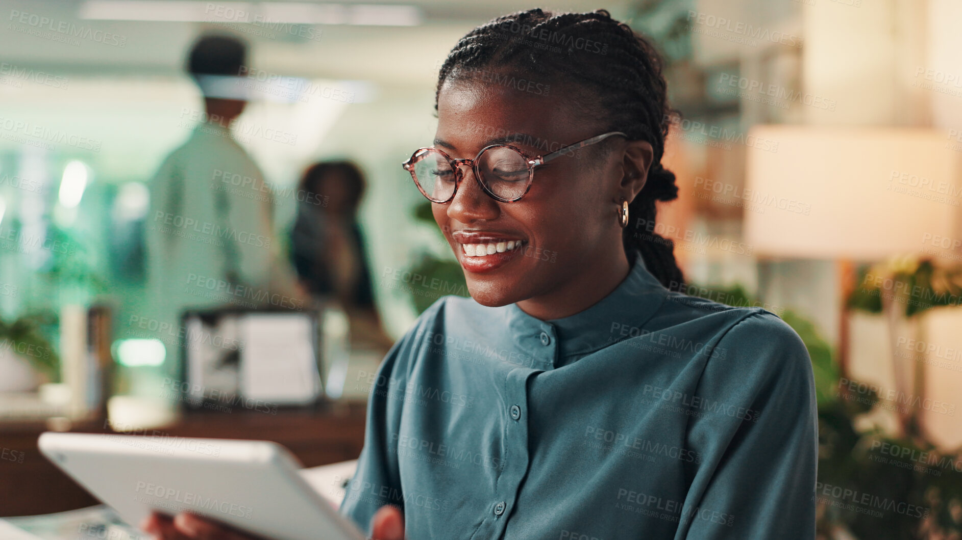 Buy stock photo Tablet, happy and black woman in office with research, communication or report for KPI. Digital technology, reading and African female brand manager monitoring online creative campaign in workplace.