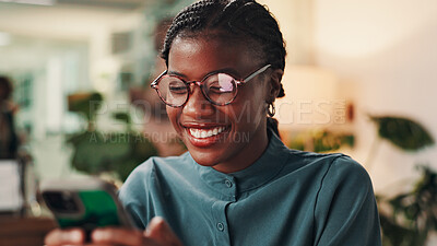 Buy stock photo Happy, employee and woman with smartphone, office and excited for positive feedback or journalist. Newsroom, reporter and black person with glasses, reading or smile for message on mobile in business