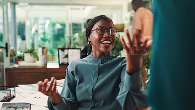 Buy stock photo Smile, business and woman talk in office for good news, feedback and planning of financial proposal. Person, explain and document for accounting, profit announcement and investment report of teamwork
