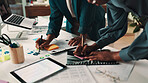People, hands and writing with tablet on sticky note or documents for planning or brainstorming at office. Team, designers or employees with paperwork for schedule brainstorming or ideas at workplace