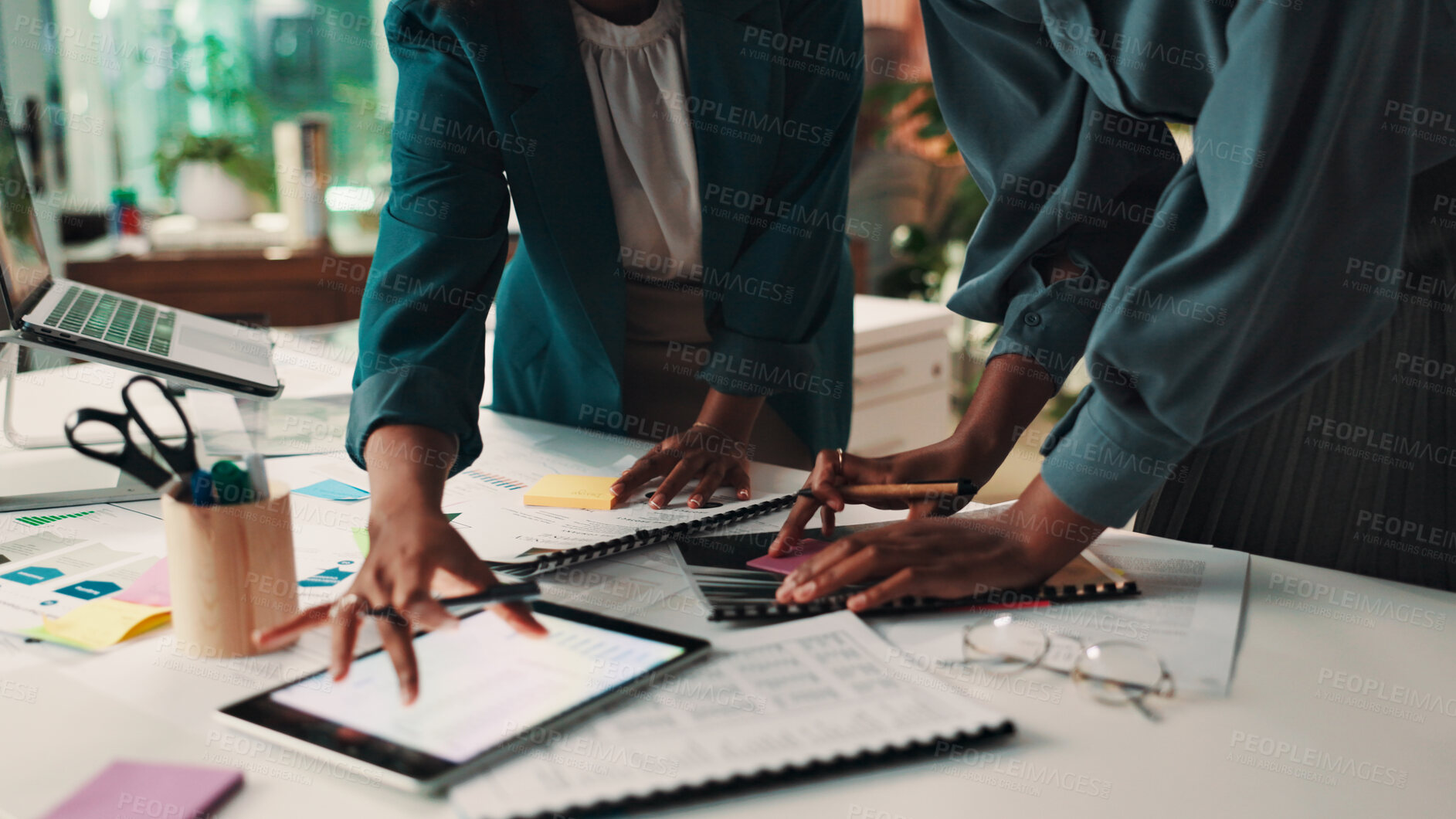 Buy stock photo People, hands or tablet with documents for planning or brainstorming together on office desk. Team, employees or group of designers with paperwork for meeting, schedule agenda or ideas at workplace